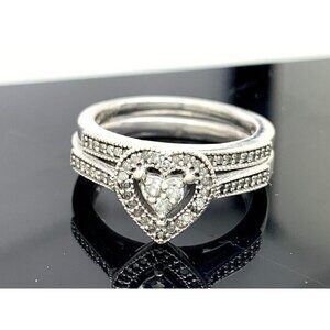 Engagement Ring Heart Diamond Sterling Silver Wedding Set Band Women's S…